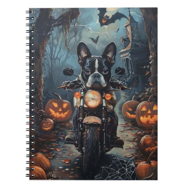 Boston Terrier Kör Motorcykel Halloween Skräckinja Anteckningsbok (Framsidan)