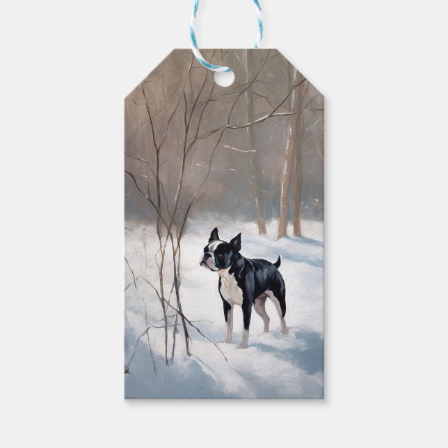 Boston Terrier Låt Det Snö Jul Presentetikett (Framsidan)