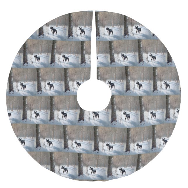 Boston Terrier Låt det snöa jul Julgransmatta Borstad Polyester (Framsidan)