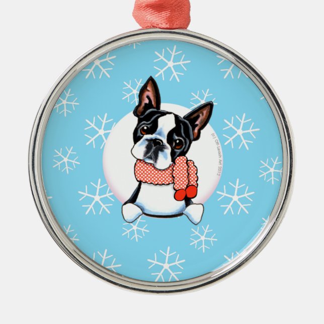 Boston Terrier Låt det snöa Julgransprydnad Metall (Framsidan)