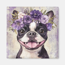 Boston Terrier Lila Blommigt Kitchen Magnet