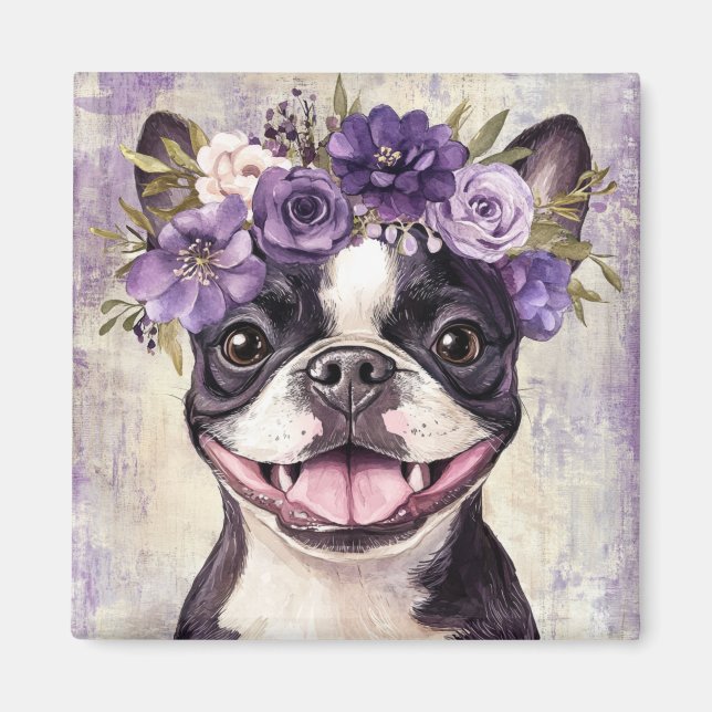 Boston Terrier Lila Blommigt Kitchen Magnet (Framsidan)