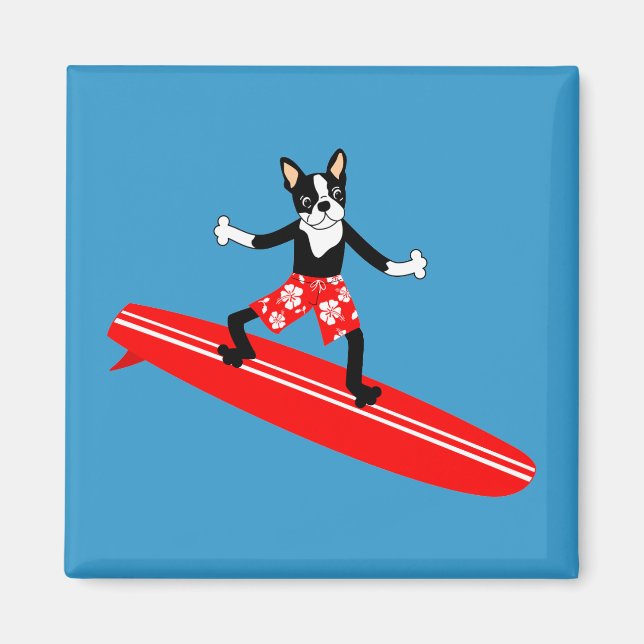 Boston Terrier Longboard Surfer Magnet (Framsidan)
