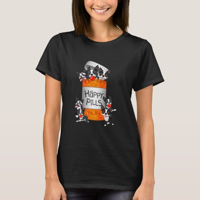 Boston Terrier Lycklig Pills Animal T Shirt (Framsida)