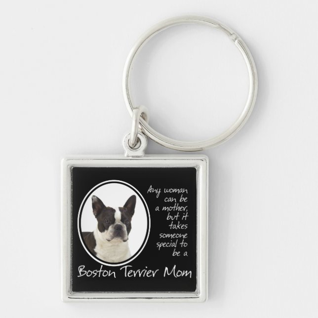 Boston Terrier Mamma Keychain Fyrkantig Silverfärgad Nyckelring (Framsidan)