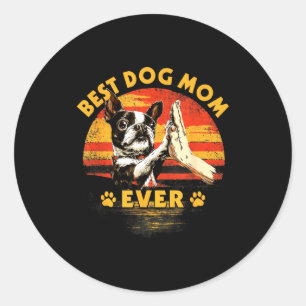 Boston terrier-mamma retro solnedgång rolig hund m runt klistermärke