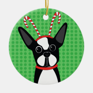 Boston Terrier med candy canehuvudbindelprydnaden Julgransprydnad Keramik