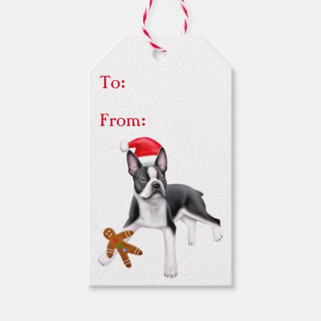 Boston Terrier med Cookie-Juletiketter Presentetikett (Framsidan)