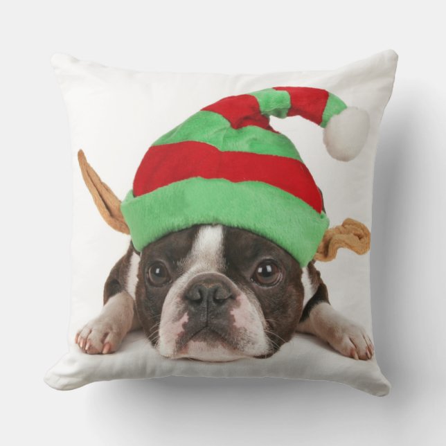 Boston Terrier med en julhatt Kudde (Framsida)