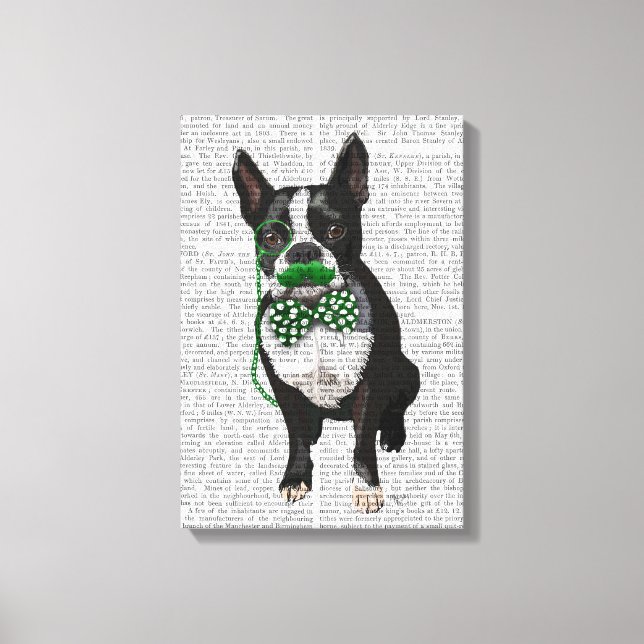 Boston Terrier med Grönt Mustache och Spoted Tie Canvastryck (Framsida)