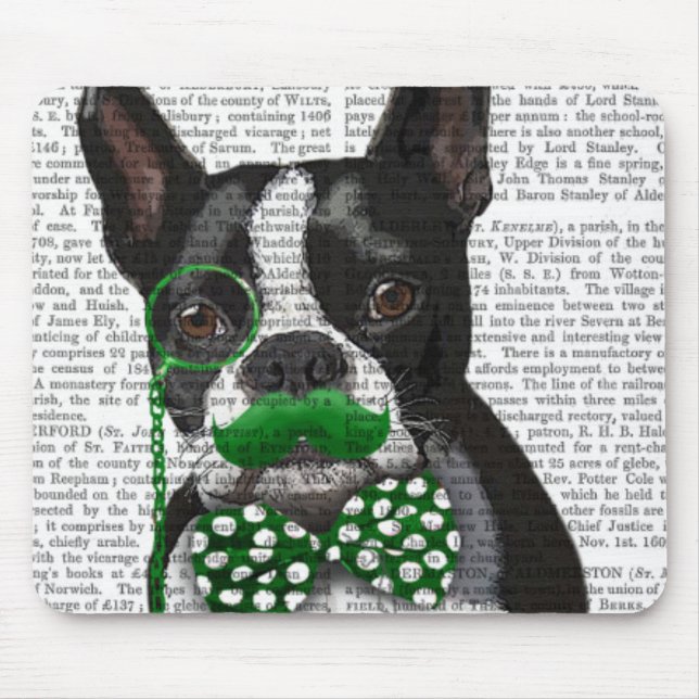 Boston Terrier med Grönt Mustache och Spotty 2 Musmatta (Framsidan)