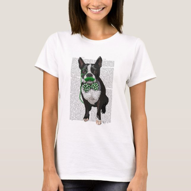 Boston Terrier med Grönt Mustache och Spotty 2 Tee Shirt (Framsida)