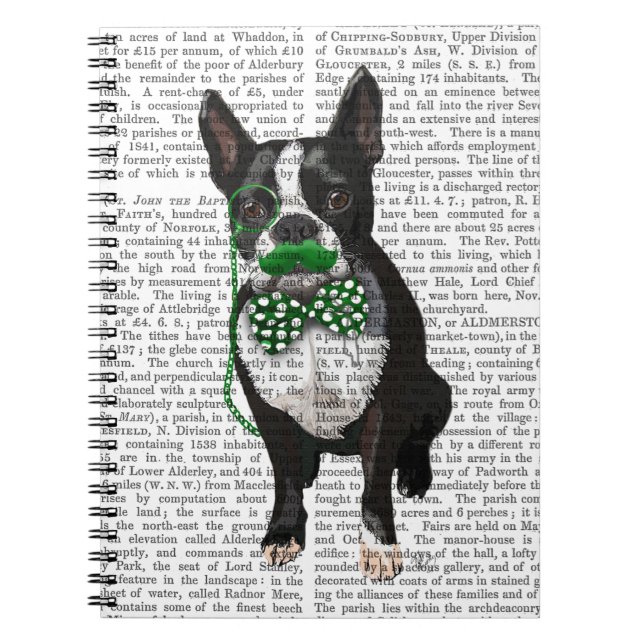 Boston Terrier med Grönt Mustache och Spotty Anteckningsbok Med Spiral (Framsidan)