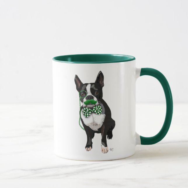 Boston Terrier med Grönt Mustache och Spotty Mugg (Höger)
