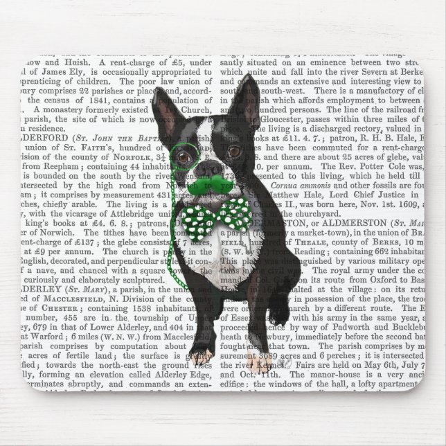 Boston Terrier med Grönt Mustache och Spotty Musmatta (Framsidan)