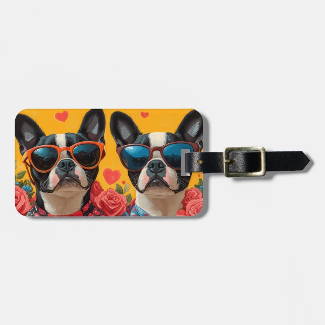 Boston Terrier Med Hjärtrosor Alla Hjärtans Dag Bagagebricka (Horisontell Framsida)