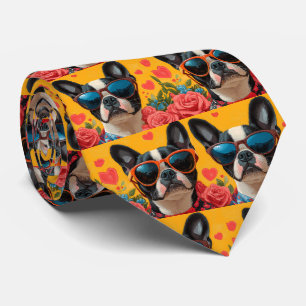 Boston Terrier Med Hjärtrosor Alla Hjärtans Dag Slips