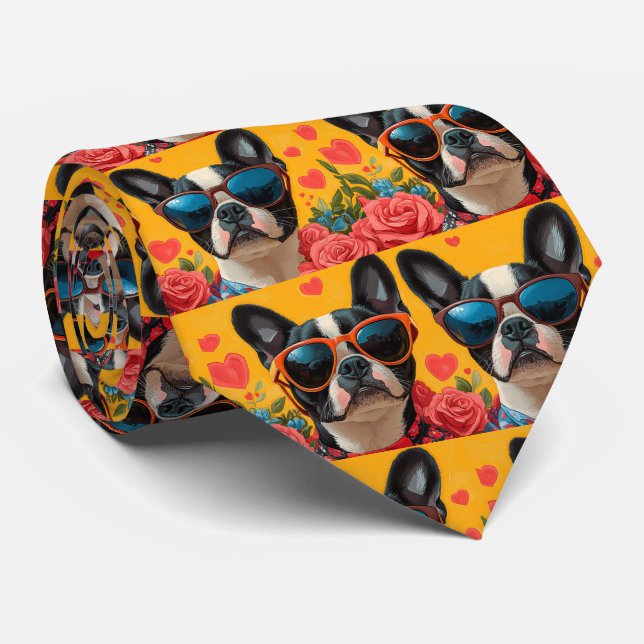 Boston Terrier Med Hjärtrosor Alla Hjärtans Dag Slips (Rullad)