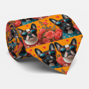 Boston Terrier Med Hjärtrosor Alla Hjärtans Dag Slips