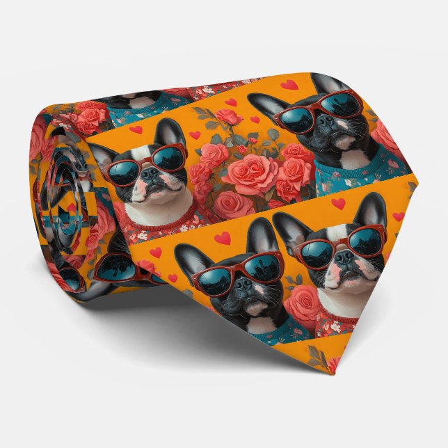 Boston Terrier Med Hjärtrosor Alla Hjärtans Dag Slips (Rullad)