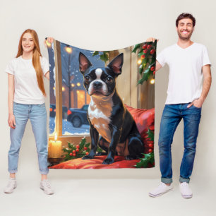 Boston Terrier med julen Ljus Helgdag Fleecefilt