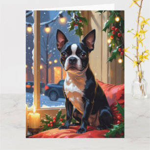 Boston Terrier med julen Ljus Helgdag Kort