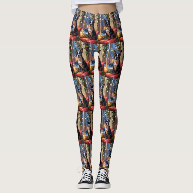 Boston Terrier med julen Ljus Helgdag Leggings (Framsida)