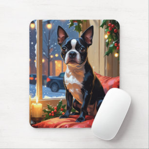 Boston Terrier med julen Ljus Helgdag Musmatta