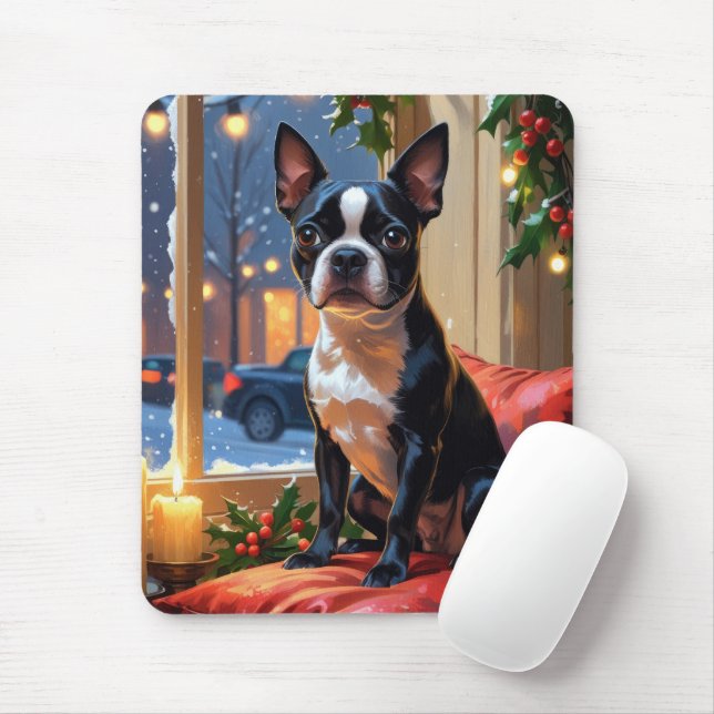 Boston Terrier med julen Ljus Helgdag Musmatta (Med mus)
