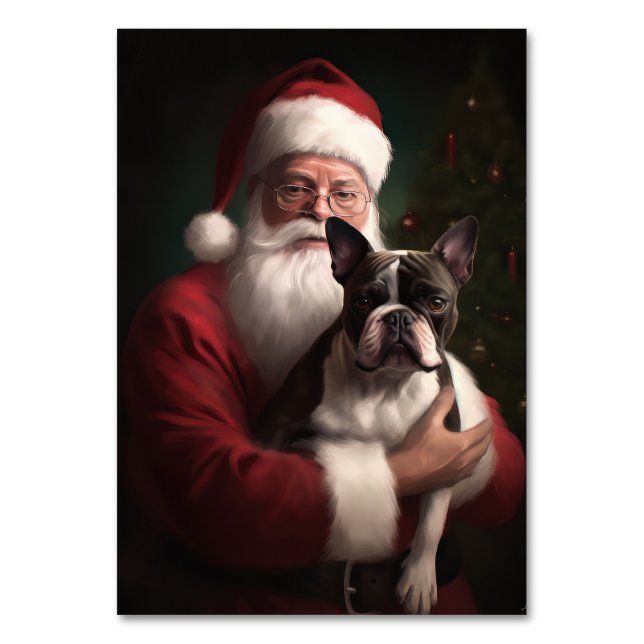 Boston Terrier med Jultomten julafton Bordsnummer (Framsidan)