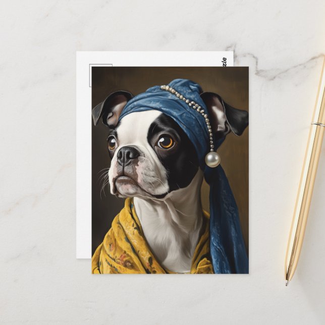 Boston Terrier med pearring Earring Fine Art Parod Vykort (Fram/Back In Situ)