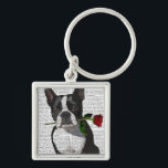 Boston Terrier med Ro i Mouth Fyrkantig Silverfärgad Nyckelring<br><div class="desc">Boston Terrier med Ro i Mouth av Fabfunky. Cute Boston Terrier som håller ro i munnen. | 190339D</div>