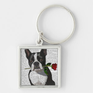 Boston Terrier med Ro i Mouth Fyrkantig Silverfärgad Nyckelring