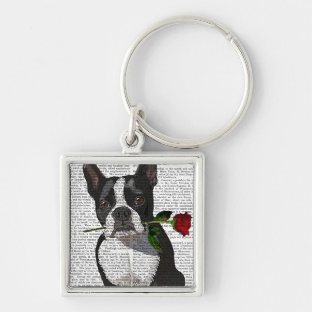 Boston Terrier med Ro i Mouth Fyrkantig Silverfärgad Nyckelring (Framsidan)