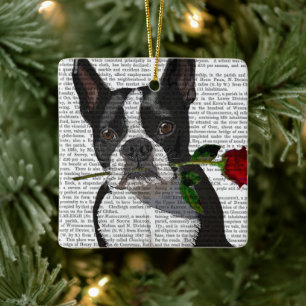 Boston Terrier med Ro i Mouth Julgransprydnad Keramik