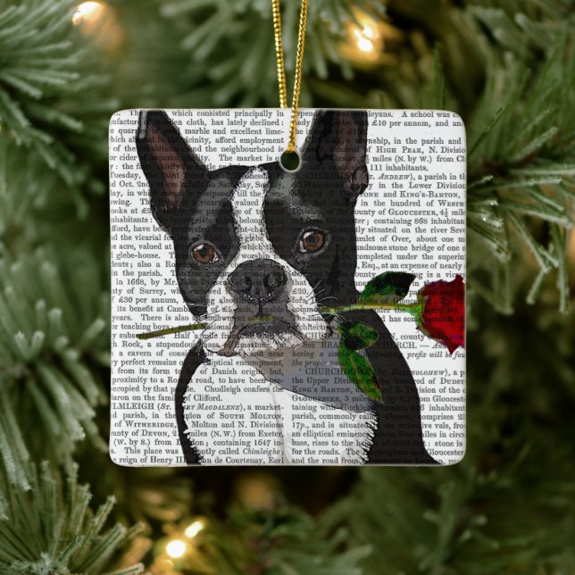Boston Terrier med Ro i Mouth Julgransprydnad Keramik (Träd)