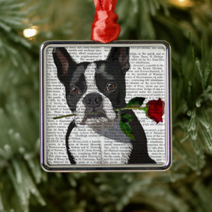 Boston Terrier med Ro i Mouth Julgransprydnad Metall
