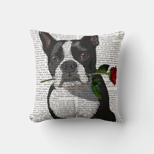 Boston Terrier med Ro i Mouth Kudde (Framsida)
