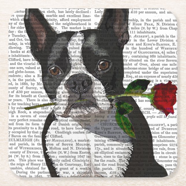 Boston Terrier med Ro i Mouth Underlägg Papper Kvadrat (Framsidan)