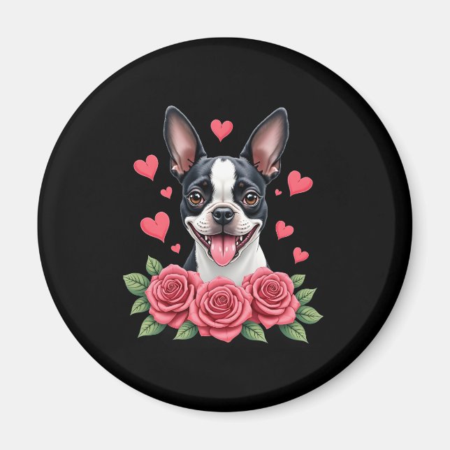 Boston Terrier med röda rosor hjärtan Alla hjärtan Magnet (Framsidan)