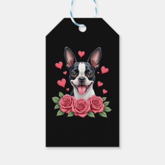 Boston Terrier med röda rosor hjärtan Alla hjärtan Presentetikett
