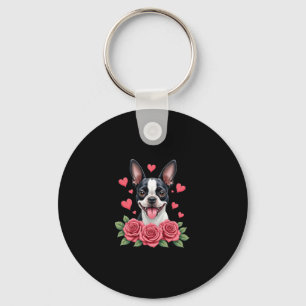 Boston Terrier med röda rosor hjärtan valentine�s Nyckelring