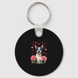 Boston Terrier med röda rosor hjärtan valentine�s Nyckelring