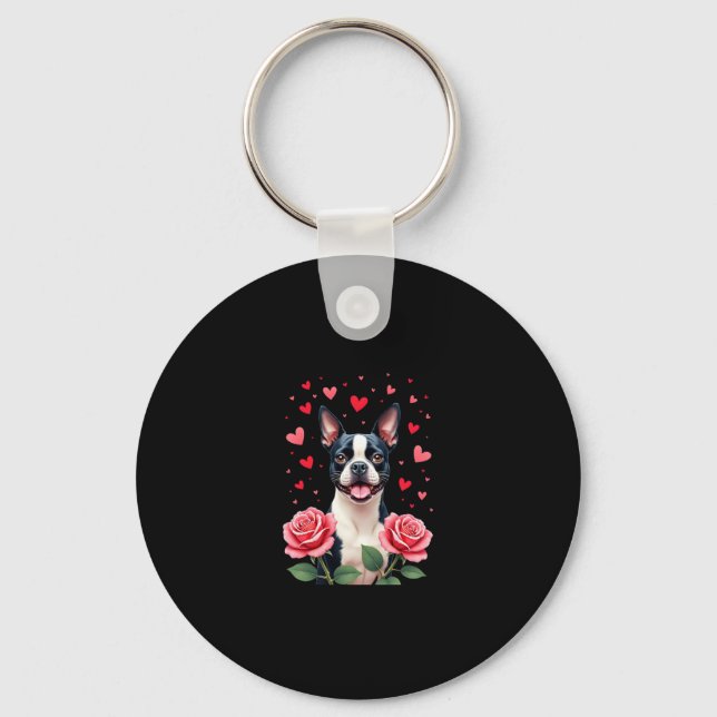 Boston Terrier med röda rosor hjärtan valentine�s  Nyckelring (Framsida)