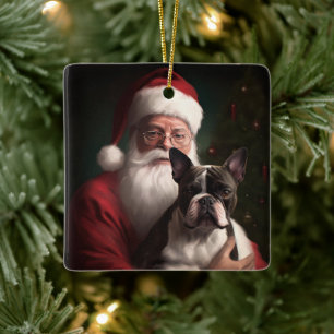 Boston Terrier med Tomte Festiv Jul Julgransprydnad Keramik