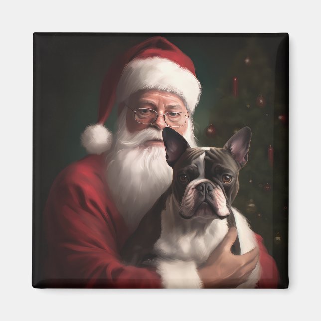 Boston Terrier med Tomte Festiv Jul Magnet (Framsidan)