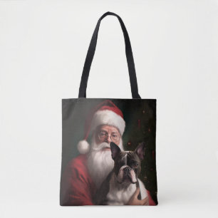 Boston Terrier Med Tomte Festiv Jul Tygkasse