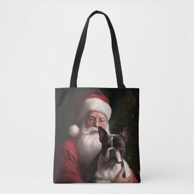 Boston Terrier Med Tomte Festiv Jul Tygkasse (Framsida)