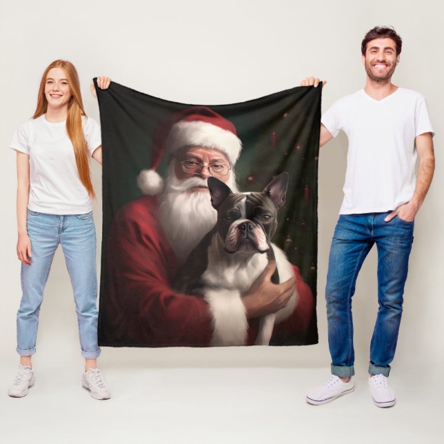 Boston Terrier Med Tomte Jul Festlig Jul Fleecefilt (På plats)
