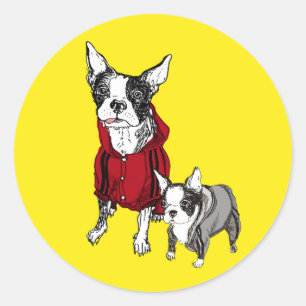 Boston Terrier med valpen i Runt Klistermärke